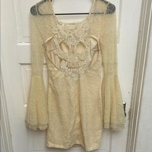 Cream Long-Sleeve Lace Cutout Mini Dress